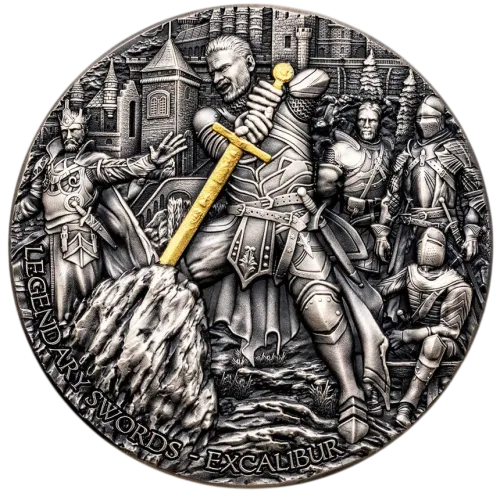 Монета срібна “Легендарні мечі - Екскалібур” 62,2 г, ціна за грам 8.95 USD на 2026.08.20. Монети . Передня сторона