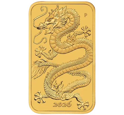 Монета золотая Прямоугольная "Год дракона" 31,1 г, цена за грамм 158.00 USD на 2026.09.01. Монеты . Передняя сторона