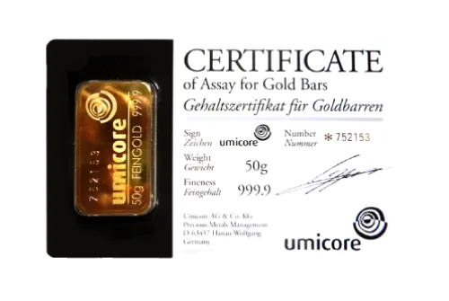 Злиток UMICORE 50 г., ціна за грам уточніть на сайті на 2026.07.06. Золото . Передня сторона