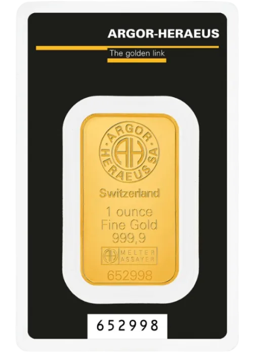 Слиток Argor-Heraeus Kinebar 31.1 г., ціна за грам 145.50 USD на 2026.07.06. Золото . Передня сторона