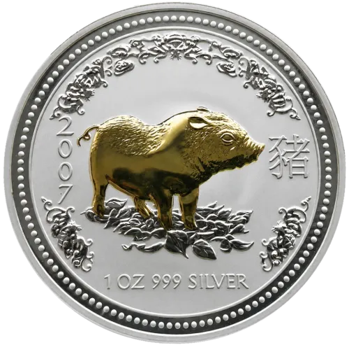 Монета срібна "позолочена рік свині" 31,1 г, ціна за грам 5.73 USD на 2026.08.20. Монети . Передня сторона