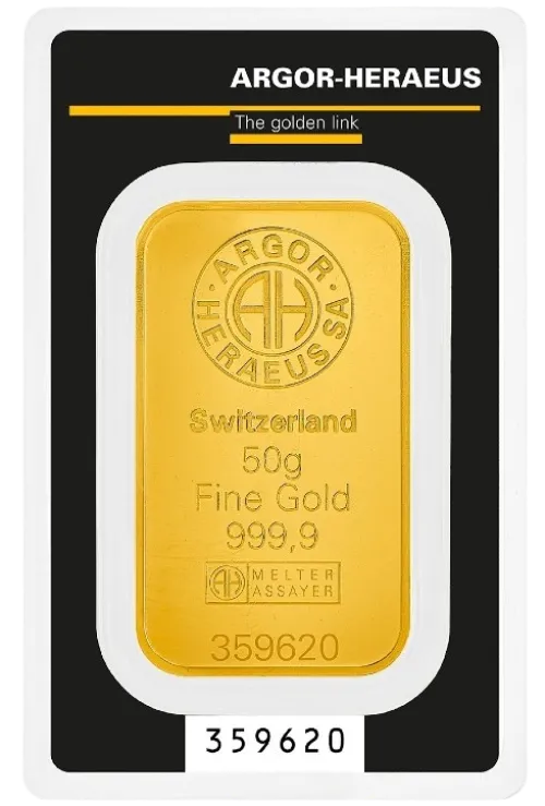 Злиток Argor-Heraeus Kinebar 50 г., ціна за грам 145.00 USD на 2026.07.06. Золото . Передня сторона