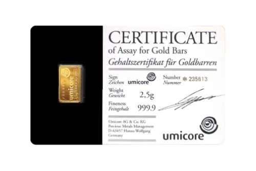 Злиток UMICORE 2.5 г., ціна за грам уточніть на сайті на 2026.07.06. Золото . Передня сторона