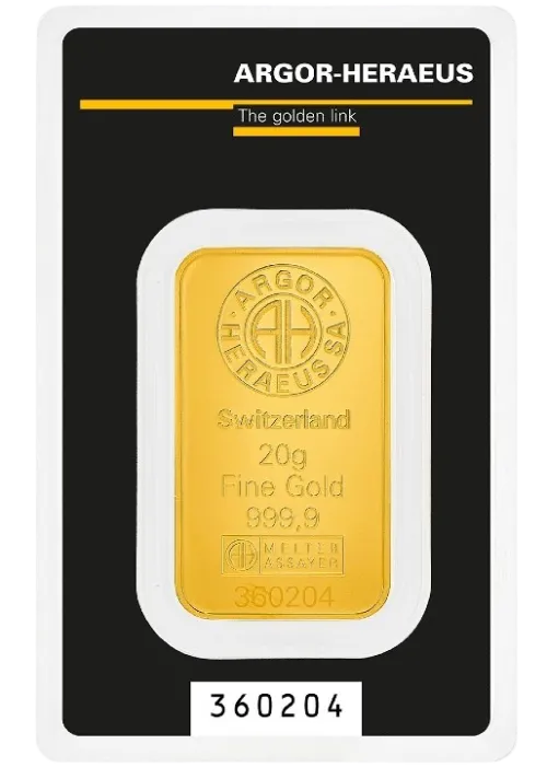 Слиток Argor-Heraeus Kinebar 20 г., ціна за грам 154.00 USD на 2026.07.06. Золото . Передня сторона