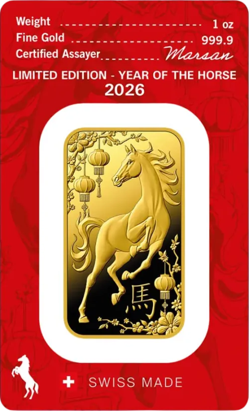 Злиток Argor-Heraeus "Рік коня 2026"  1 унц., ціна за грам 170.00 USD на 2026.07.06. Золото . Задня сторона