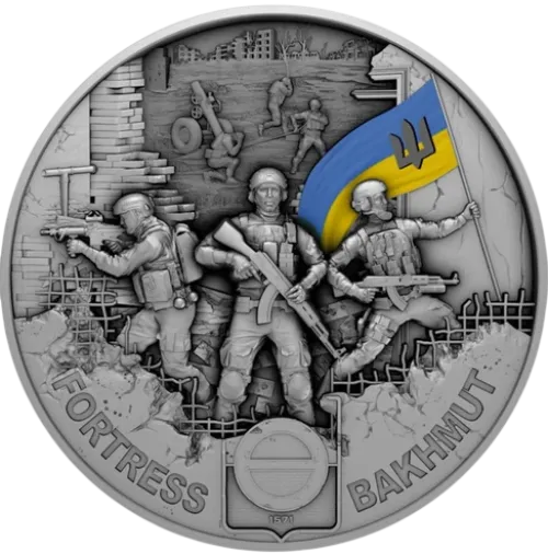 Монета срібна “Фортеця Бахмут” 62,2 г, ціна за грам 10.79 USD на 2026.08.20. Монети . Передня сторона