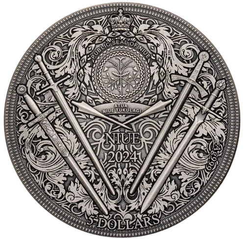Монета срібна “Легендарні мечі - Екскалібур” 62,2 г, ціна за грам 8.95 USD на 2026.08.20. Монети . Задня сторона