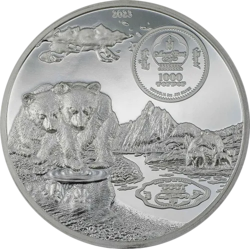 Монета срібна "BROWN BEAR Growing Up 1000 тугриків" 62,2 г, ціна за грам 10.99 USD на 2026.07.06. Монети . Задня сторона