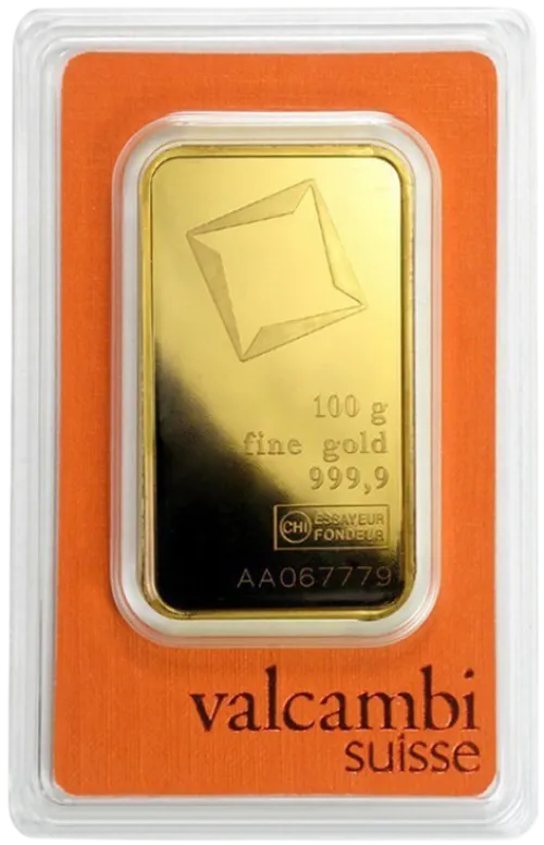 Злиток Valcambi 100 г., ціна за грам 142.30 USD на 2026.07.06. Золото . Передня сторона