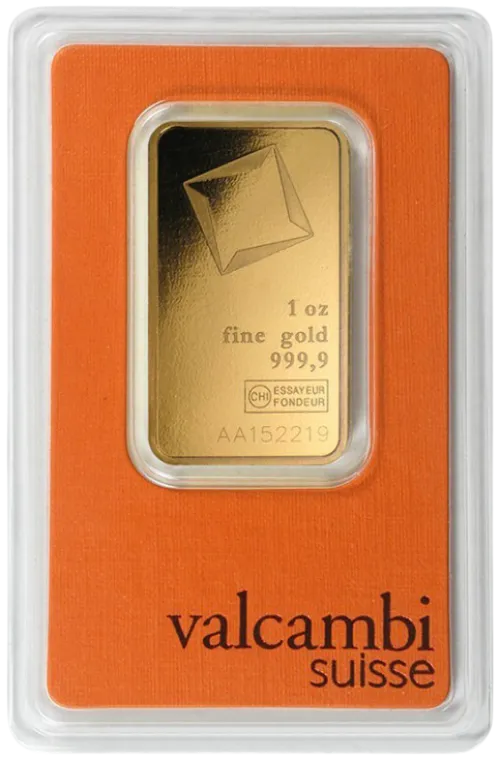 Злиток Valcambi 1 унц., ціна за грам 143.30 USD на 2026.07.06. Золото . Передня сторона