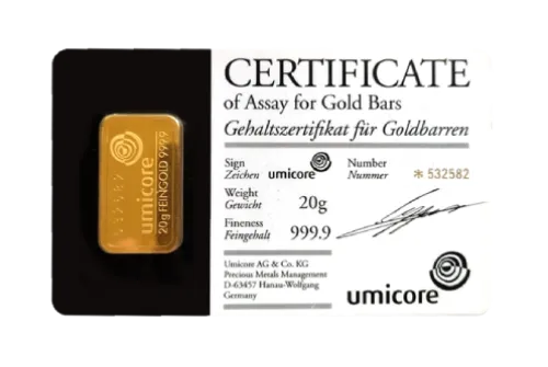 Злиток UMICORE 20 г., ціна за грам уточніть на сайті на 2026.07.06. Золото . Передня сторона