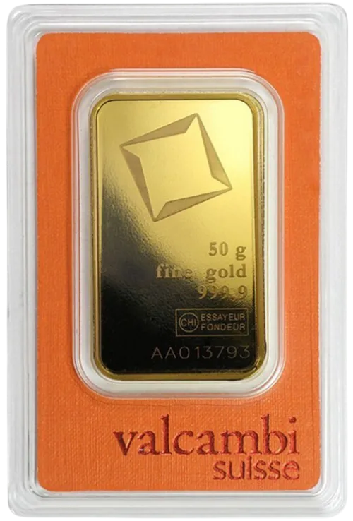Злиток Valcambi 50 г., ціна за грам 142.80 USD на 2026.07.06. Золото . Передня сторона