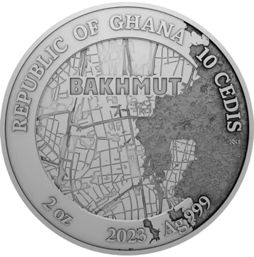 Монета срібна “Фортеця Бахмут” 62,2 г, ціна за грам 10.79 USD на 2026.08.20. Монети . Задня сторона