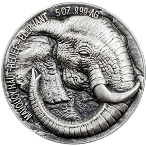 Монета срібна "Elephant 5000 Francs CFA" 155,5 г, ціна за грам 8.79 USD на 2026.07.06. Монети . Передня сторона