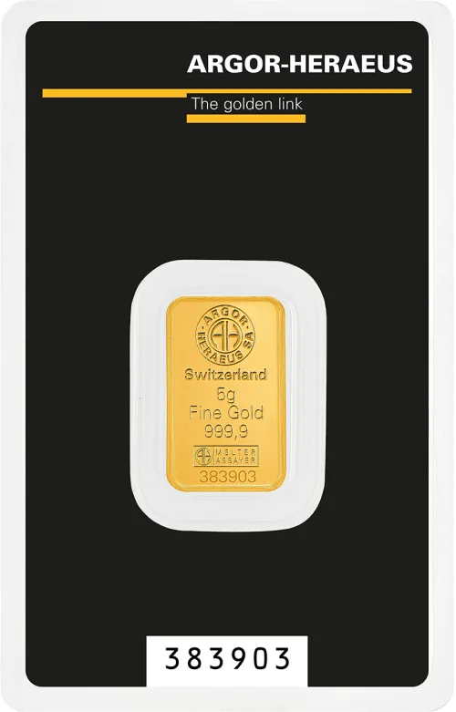 Злиток Argor-Heraeus 5 г., ціна за грам 158.00 USD на 2026.07.06. Золото . Передня сторона
