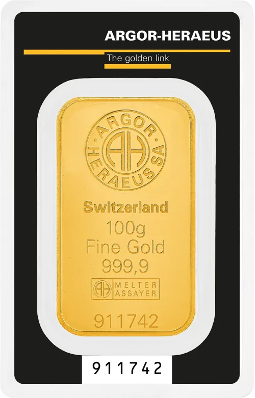 Злиток Argor-Heraeus 100 г., ціна за грам 143.30 USD на 2026.07.06. Золото . Передня сторона