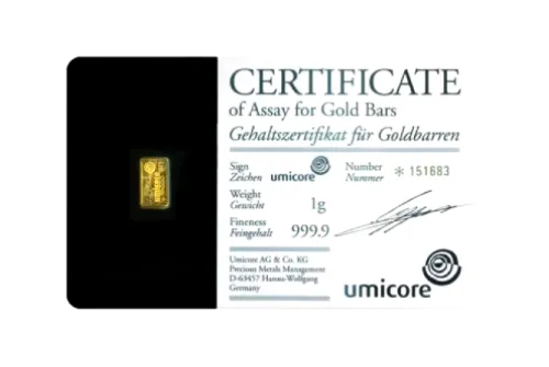 Злиток UMICORE 1 г., ціна за грам уточніть на сайті на 2026.07.06. Золото . Передня сторона