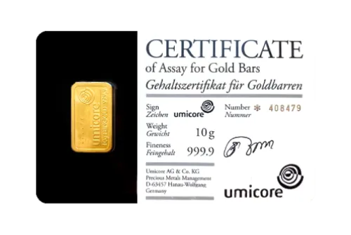 Злиток UMICORE 10 г., ціна за грам уточніть на сайті на 2026.07.06. Золото . Передня сторона