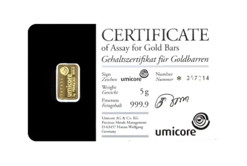 Злиток UMICORE 5 г., ціна за грам уточніть на сайті на 2026.07.06. Золото . Передня сторона
