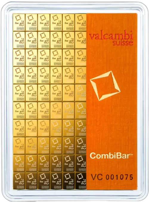 Злиток Valcambi CombiBar 100 г., ціна за грам уточніть на сайті на 2026.07.06. Золото . Передня сторона