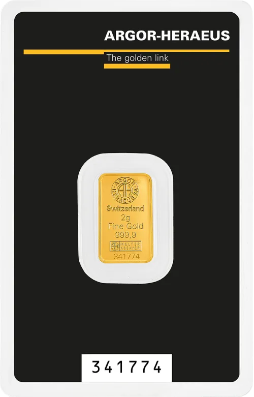 Злиток Argor-Heraeus 2 г., ціна за грам 176.00 USD на 2026.07.06. Золото . Передня сторона