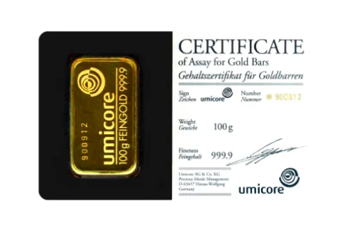 Злиток UMICORE 100 г., ціна за грам уточніть на сайті на 2026.07.06. Золото . Передня сторона