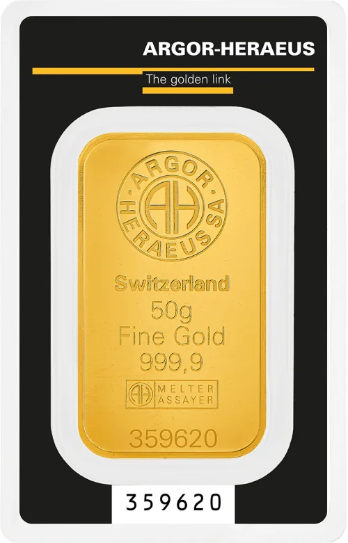 Злиток Argor-Heraeus 50 г., ціна за грам 144.00 USD на 2026.07.06. Золото . Передня сторона