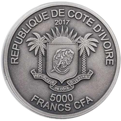Монета срібна "Elephant 5000 Francs CFA" 155,5 г, ціна за грам 8.79 USD на 2026.07.06. Монети . Задня сторона