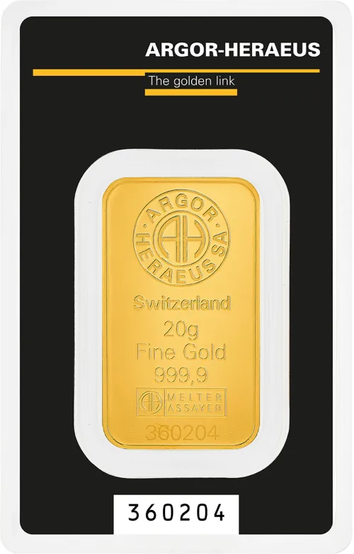 Злиток Argor-Heraeus 20 г., ціна за грам 153.00 USD на 2026.07.06. Золото . Передня сторона