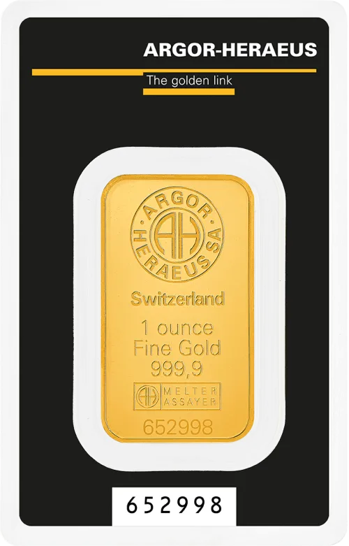 Злиток Argor-Heraeus 1 унц., ціна за грам 144.50 USD на 2026.07.06. Золото . Передня сторона
